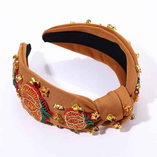 Thanksgiving Fall Headband for Women Thanksgiving Accessories Beaded Turkey Maple Leaf Pumpkin Knotted Headband Embellished Jeweled Rhinestone Pearl Top Knot Hairband Autumn Fall Outfit Holiday Gifts