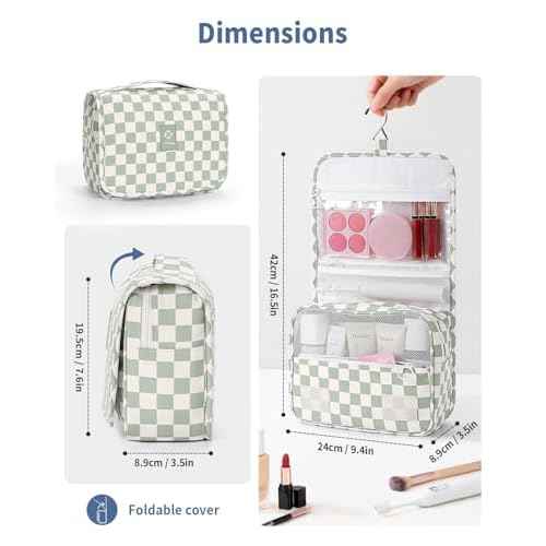 Narwey Small Hanging Travel Toiletry Bag for Traveling Women, Checkered Travel Bag for Toiletries, Makeup Bag Organizer Make Up Cosmetic Bags (Mint Green Checkerboard)