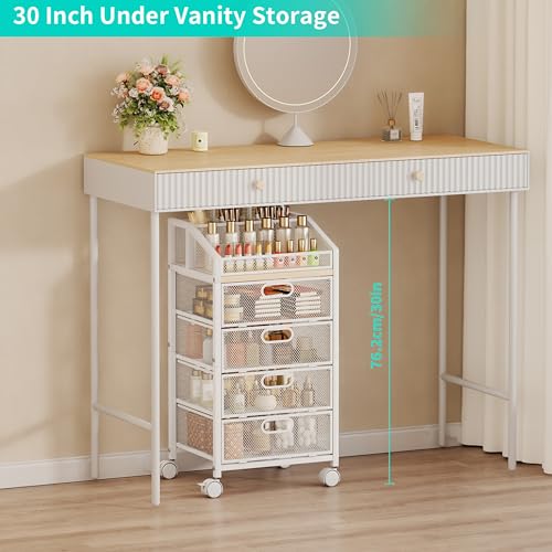 HapiRm White Rolling Makeup Cart Organizer with 5 Sections & Mesh Drawers