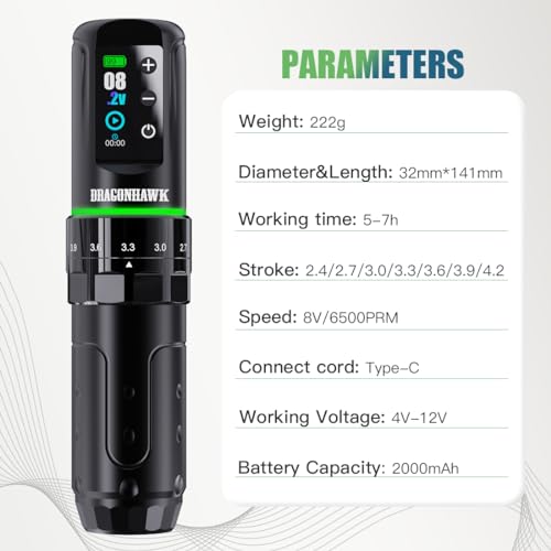Dragonhawk L3 Wireless Tattoo Pen Machine - Black + 1 Battery