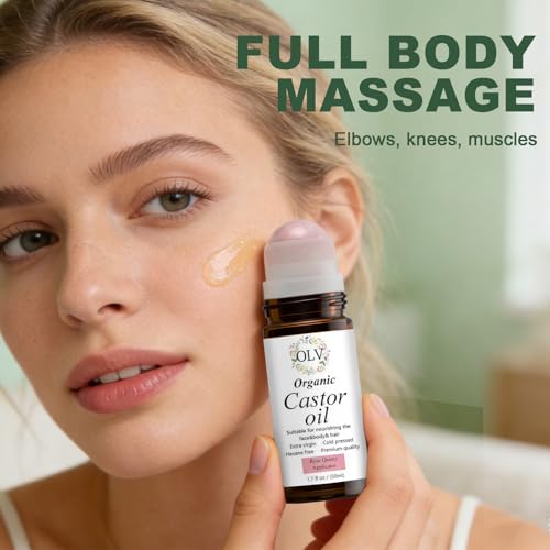 Organic Castor Oil with Rose Quartz Roller, 100% Pure Cold-Pressed Hexane-Free Unrefined, Reduces Fine Lines & Deeply Hydrates for Hair Growth, Eyelashes, Eyebrows & Firms Skin (50ML/1.7oz)