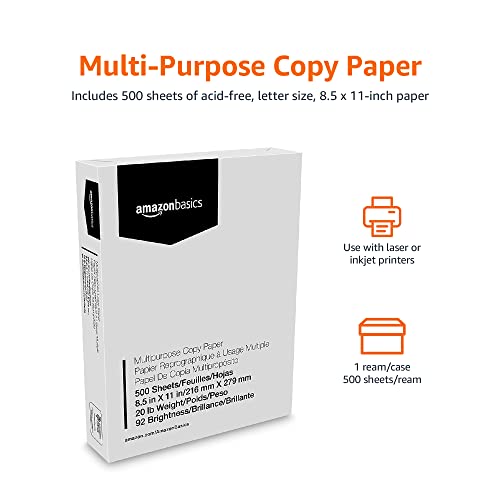 Amazon Basics Multipurpose Copy Printer Paper, 8.5" x 11", 20 lb, 1 Ream, 500 Sheets, 92 Bright, White