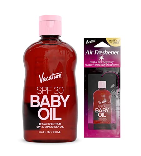 Vacation Baby Oil SPF 30 + Air Freshener Bundle, Broad Spectrum SPF 30 Sunscreen Oil, Vegan Suntan Oil with Broad Spectrum SPF, Sunscreen Tanning Oil, TSA Friendly, Travel Size, 3.4 fl. oz.