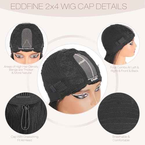 Straight Human Hair Wigs with Bangs 2x4 Lace Closure Wigs Human Hair 180% Density Drawstring Glueless Wigs Human Hair for Women Lace Front Wigs Human Hair Natural Black 22inch.