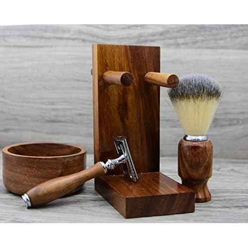 Safety Razor Shaving Kit, Double Edge Razor Blades,Hair shaving Brush wood Handle, Wood Shaving Bowl And Shaving Stand Kit, Wet Shave Grooming Set for Men Best shaving set Gift For Gentleman