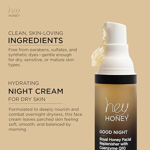 Hey Honey Skincare Good Night Moisturizer For Face Royal Honey Facial Replenisher with Coenzyme Q10 | A Lavish Night Time Repair Designed To Improve Moisture Retention | 1 Oz
