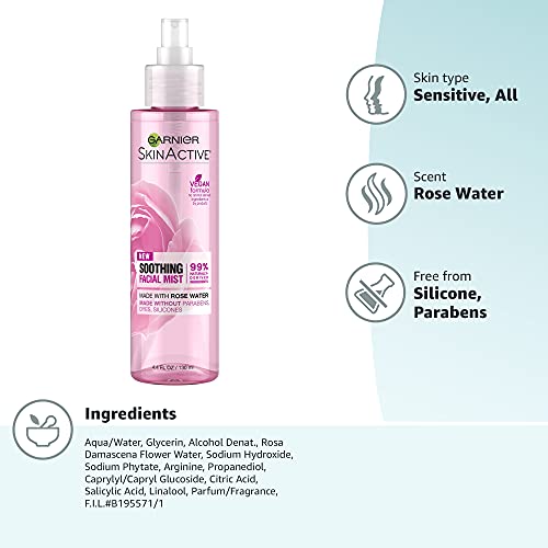 Garnier SkinActive Facial Mist Spray with Rose Water, 4.4 Fl Oz (130mL), 1 Count (Packaging May Vary)