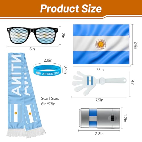 Argentina Fan Gear Set - 6-Piece Soccer Supporter Kit with Flag, Scarf, Face Paint, Glasses, Wristband & Clapper