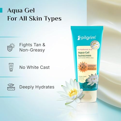 Pilgrim Aqua Gel Sunscreen SPF 50+ PA++++ with 1% Hyaluronic Acid & Korean White Lotus | Broad Spectrum UV Protection | Lightweight Hydrating Sunscreen for All Skin Types | 1.69 Fl Oz (50 ml)