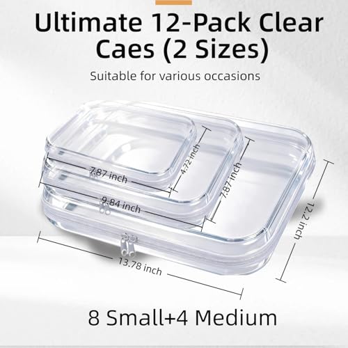 12 Pack Clear Hard Shell Zipper Case (8 Small & 4 Medium), Hard Plastic Makeup Cases Pencil Case Pouches for Travel (4M+8S)