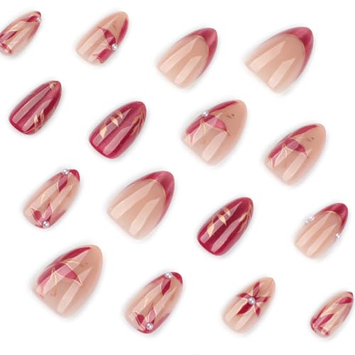 Rose Gold Cat Eye Press On Nails with 3D Floral Design - 24PCS