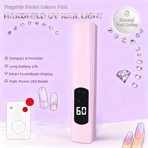 Kylara Pink Handheld UV Nail Lamp for Gel Nails, 60Min Cordless LED Nail Dryer