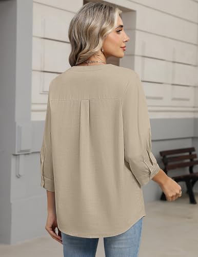 Zeagoo Women's 3/4 Sleeve Linen Cotton V Neck Button Down Shirt