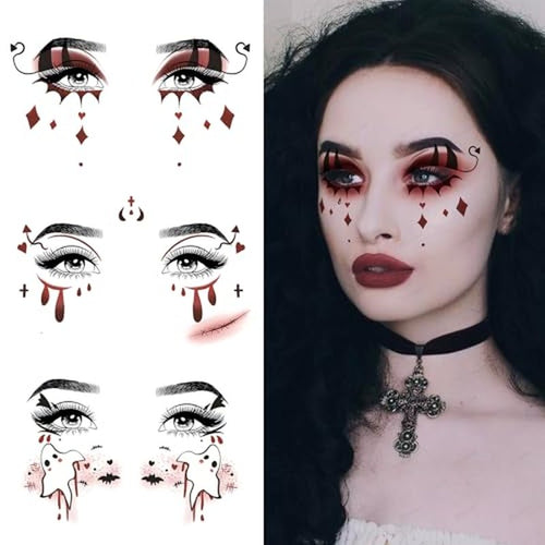 10 Pcs Halloween Face Tattoo Stickers - Vampire Clown Ghost Makeup