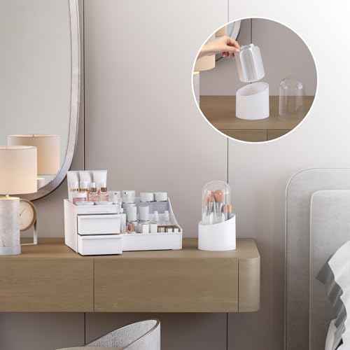 Makeup Organizer and Brush Holder Set with 3 Drawers, Space-Saving Cosmetic Storage for Vanity, Skincare, and Beauty Products - White