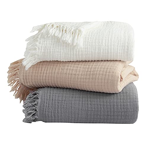 EMME Muslin Throw Blanket 100% Cotton Throw Blankets for Couch Breathable Gauze Blanket with Tassel All Season Soft and Lightweight Pre-Washed Cotton Blanket (Grey, 50"x60")