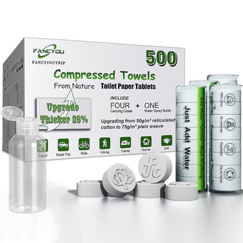 Compressed Coin Tissue for Travel 500 Pcs with 4 Carry Cases, Thicken 100% Cotton Disposable Face Cloths, Compact Mini Portable Facial Towel Disposable Washcloth for Camping Home Beauty Office