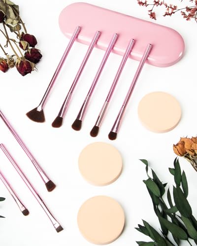 12-Piece Makeup Brush Set with Pink Storage Case and Powder Puffs