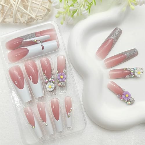 Nude Press on Nails Long Coffin False Nails with Pattern Design French Tip Full Cover Stick on Nails Matte Fake Nails for Women Girls Pretty Artificial Acrylic Nails Kit 24pcs