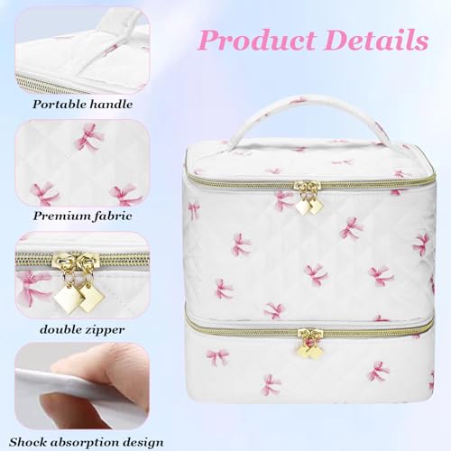 Pink Bow PU Leather Nail Polish Organizer with Nail Lamp Case, Holds 30+ Bottles