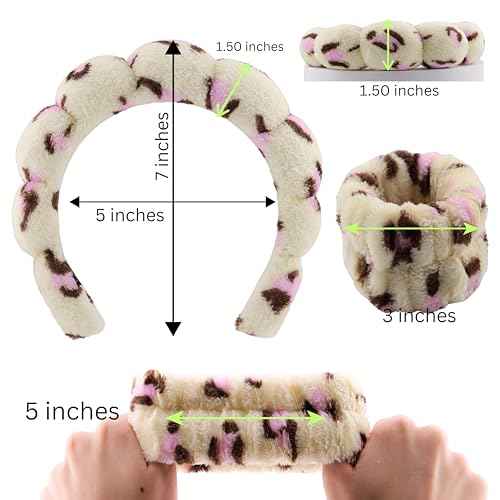 Spa Headband Wrist Band for washing face set Sponge Makeup Skincare Headband Wrist Towels Bubble Soft Terry Towel Cloth Hairband for Women Puffy Headwear Non Slip Thick Thin Hair Headwear (Leopard)