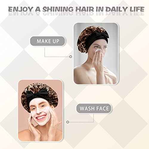 Silky Satin Hair Bonnet Night Cap Hair Cover for Black Women with Soft Stretchy Tie Band - Jumbo Satin Sleep Cap (Black & Leopard)
