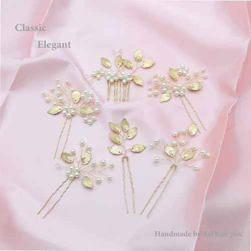 6 Pieces Bridal Wedding Hair Pins Gold Leaf Hair Pins Clips Crystal Pearl Flower Headpiece Vintage Wedding Hair Accessories for Brides Bridesmaids Women Girls