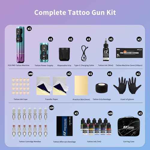EZ Tattoo Kit - Tattoo Gun Kit with Wireless Tattoo Machine Pen, 1800mAh Power Supply Battery, 20Pcs Tattoo Cartridge Needles and 11 Color Inks for Tattoo Beginners and Artists (P2S Pro Purple Blue)