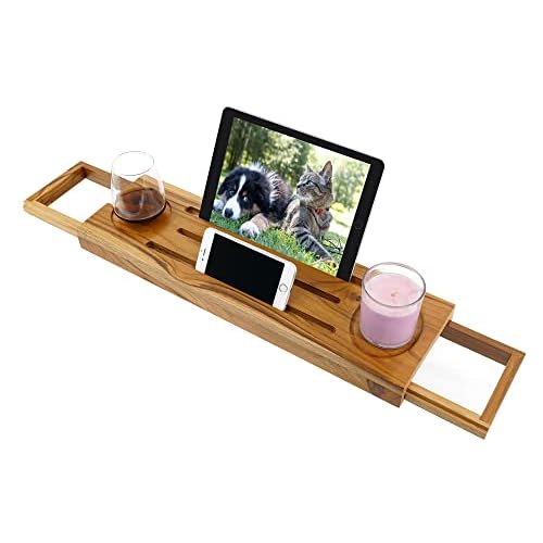Teak Bathtub Tray Caddy - Expandable Bath Tray - Adjustable Organizer Tray for Bathroom - Luxury Bath Caddy Tub Table, Bathtub Accessories & Bathroom Gadgets