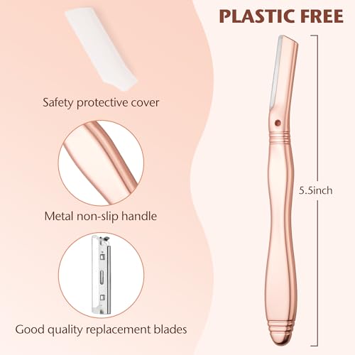 Eyebrow Razor, Dermaplaning Tool for Face, Face Razors for Women, Dermaplane Razor, Hair Removal and Exfoliation, Facial Razor, Face Shaver for Women&Men, 6 Blade Refills with Blade Cover (Rose Gold)