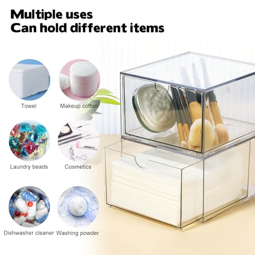 Rainmae 2 Pack Disposable Face Towel Holder, Face Towel Storage Box, Stackable Clear Makeup Organizer with Drawer for Clean Skin Club Face XL Towels Holder for Vanity Bathroom and Makeup Organization