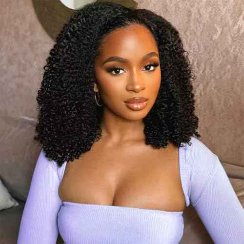 Kinky Curly V Part Wig Human Hair Upgrade U Part Human Hair Wig With Adjustable Drawstring Wig V Shape Clip In Half Wigs Afro Curly for Women No Sew in NO Glue200% Density 18 Inch