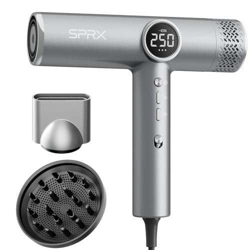 SPRX Silver High-Speed Ionic Hair Dryer with Diffuser - Professional Brushless Motor, Fast Drying, Low Noise, Travel Design