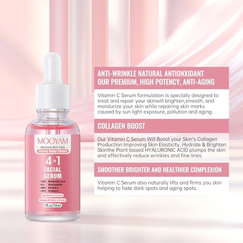 5 in 1 Vitamin C Facial Serums with Hyaluronic Acid, Vitamin E, Niacinamide, Vitamin C Face Serum for Dull Dry Skin, Facial Serum for Dark Spots, Fine Lines & Wrinkles, 1 Fl Oz