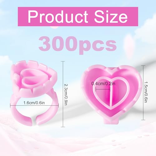 NXJ INFILILA Glue Rings for Eyelash Extensions 300PCS Disposable Rings for Lashes Lovely Heart Shape, Makeup Plastic Nail Art Lash Glue Holder Cups for Extension Supplies Pink