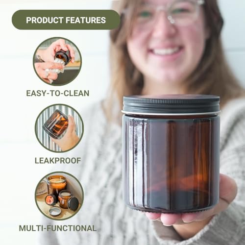 16oz Amber Glass Jars with Black Lids - 12 Pack