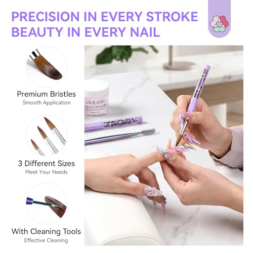 SAVILAND Kolinsky Acrylic Nail Brush Set - Sizes 6, 10, 14 with Cleaner Tool