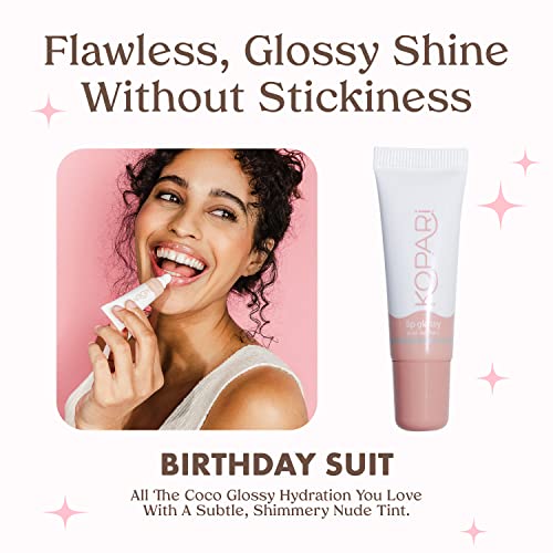 Kopari Coconut Lip Glossy | Nude Tint Birthday Suit | Vegan Hydrating Moisturizing Lip Oil Vitamin E Shea Butter Long Wear High Shine Non Sticky | Clean Plant Based Non Toxic Balm Paraben Free