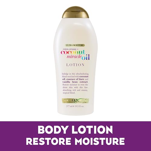 OGX Extra Creamy + Coconut Miracle Oil Ultra Moisture Body Lotion with Vanilla Bean, Fast-Absorbing Lotion for All Skin Types, Paraben-Free and Sulfated-Surfactants Free, 19.5 fl oz