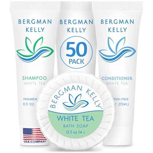 BERGMAN KELLY Round Hotel Soap Bars, Shampoo & Conditioner 3-Piece Set (0.5 oz each, 150 pc, White Tea), Delight Your Guests with Revitalizing & Refreshing Mini Travel Toiletries & Bulk Amenities