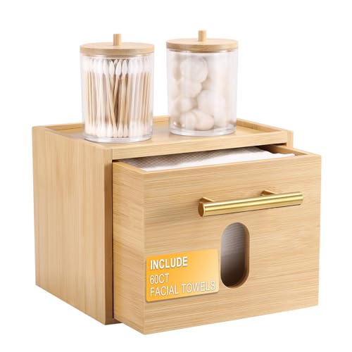 BSSN Bamboo Disposable Face Towel Holder Storage Drawer - Variation A, Includes 60 Towels & Cotton Holders