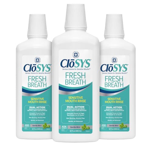 CloSYS Fresh Breath Sensitive Mouthwash, Gentle Mint, Alcohol Free, Dye Free, pH Balanced, Helps Soothe Entire Mouth, Fights Bad Breath - 32 Oz (Pack of 3)