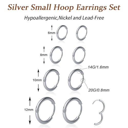 4 Pair Small Hoop Earrings Set for Women, 316L Surgical Stainless Steel Huggie Hoop Earrings Hypoallergenic Cartilage Hoop Earrings for Helix Tragus Conch Piercing Jewelry for Women Men(Silver)