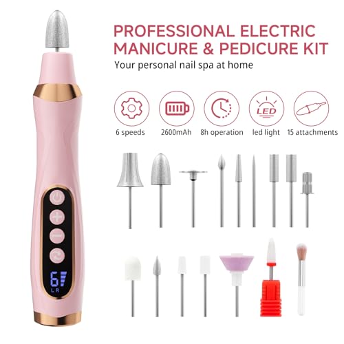 Cordless Electric Nail Drill with 6 Speeds, LED Light & Rechargeable Battery