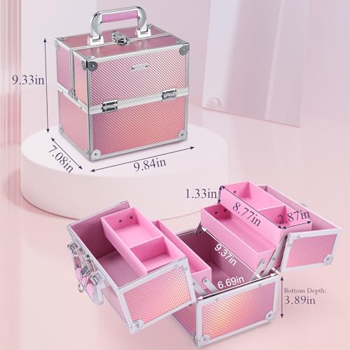 Frenessa Makeup Case Makeup Box Cosmetic Organizer Case Portable Make Up Artist Travel Case Storage Box 4 Trays with Dividers Lockable Hard Train Case Nail Tech Supply Storage Mermaid Pink