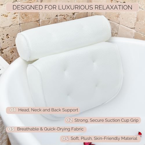 Monsuri Deluxe Bath Pillow - Neck & Shoulder Support with Suction Cups