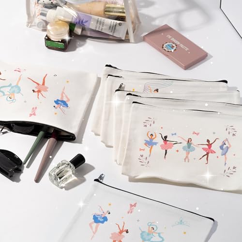 Y1tvei Ballerina Canvas Makeup Bags - Cute Ballet Dancing Girls Watercolor Cosmetic Bag Gift for Ballet Lover Small Portable Travel Toiletry Zipper Canvas Pouch for Holiday Birthday Dance Stuff, 12Pcs