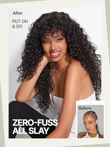 Frodio 26-Inch Curly Wig with Bangs - 200% Density Glueless Headband Wig