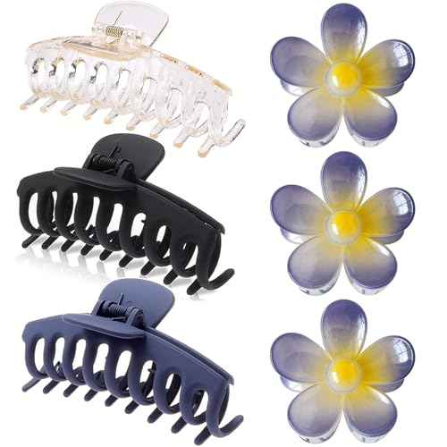 Hair Claw Clips for Thick/Thin Hair Claws 6PCS,3.34" Nonslip Big Cute Hair Clips Square Claw Clips,2.36" Medium Flower Hair Clips for Women/Girls,Hair Styling Accessories Gifts (neutral)