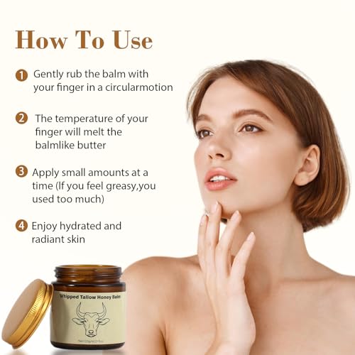 Beef Tallow for Skin - Organic Grass Fed Whipped Moisturizer with Honey Balm, Natural Hydrating Cream for Face & Body, Relief for Dry & Sensitive Skin (4.23oz, Lavender)